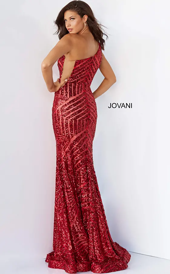 Jovani 06017 Red Sequin Embellished Long Prom Gown
